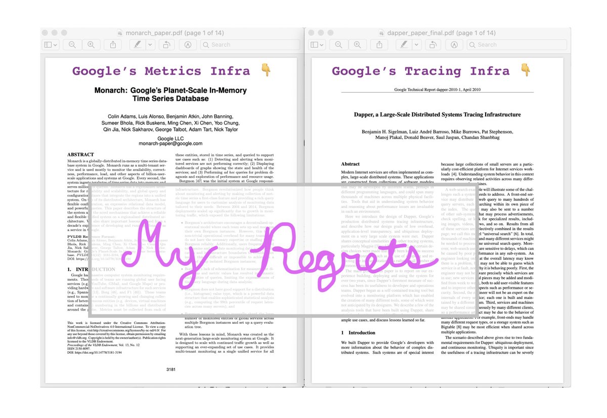 0/ This is a about my experiences building both the Distributed Tracing and Metrics infra at Google.And, particularly, my regrets. :)Here goes: 