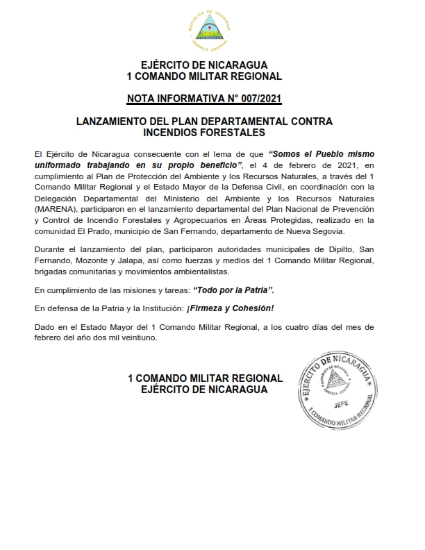 Realizan lanzamiento del Plan departamental contra Incendios Forestales en Nueva Segovia