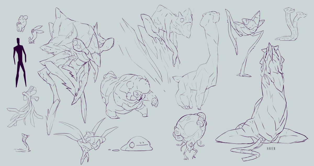 @floriancoudray  @koyorin  @Beloup_Art on créés plein de designs de créatures super cool qui ont servis pour le bestiaire du jeu. Bon, j'ai aussi fait des sketchs de mobs. Aucun n'ont servi. Trop creepy.