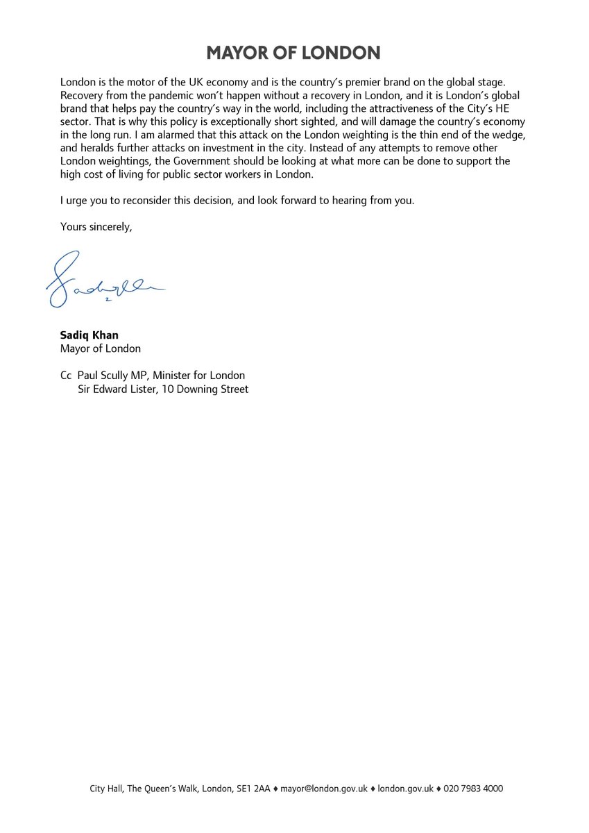 LDN_pressoffice's tweet photo. .@MayorofLondon has written to Gavin Williamson asking he reconsider his decision to remove London weighting from the Higher Education teaching grant. It will result in £64m less money for London's universities. 'Levelling up' shouldn't mean levelling down London. https://t.co/L5Swyn8T4q