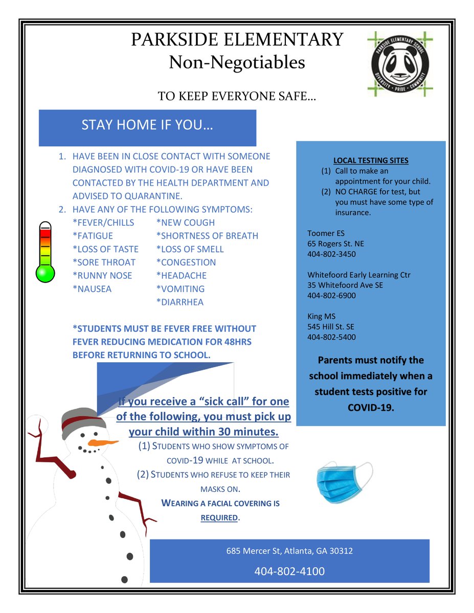 ParksideESMedia's tweet photo. Parkside🐼Elementary Parents, Teachers and Friends TO KEEP EVERYONE SAFE Please following these Non-Negotiables Thanks! @principalfoster @TamHarrisAP @MelissaH_G @DrEmilyAMassey @parksideaps https://t.co/hD3CHSIP9T