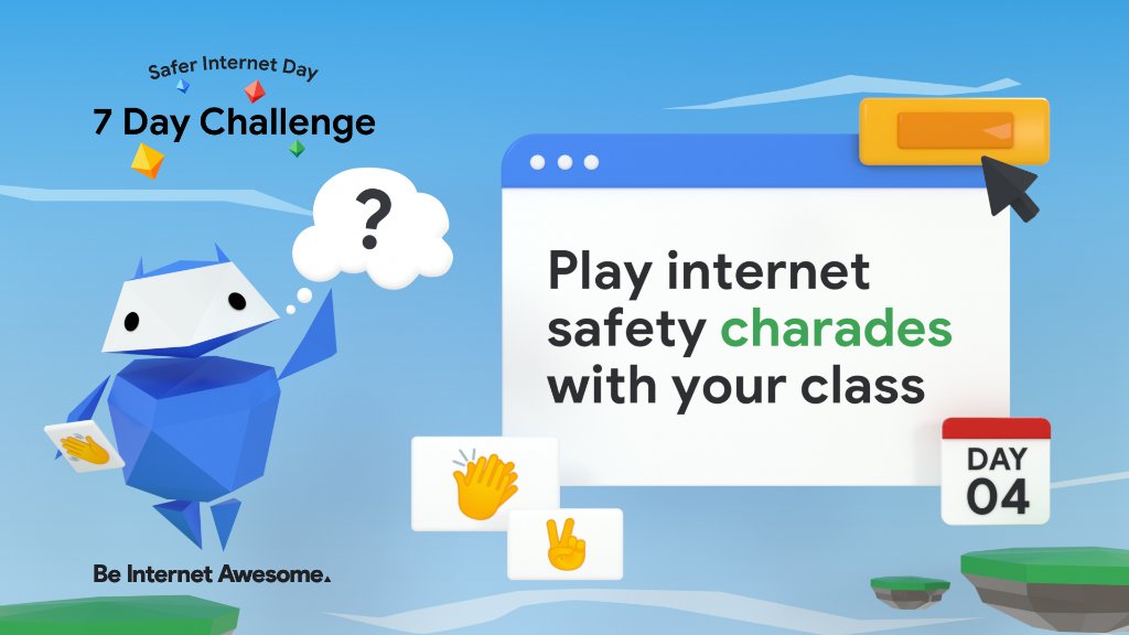 GoogleForEdu's tweet photo. 2️⃣words, 1️⃣ very important concept: internet safety. Play #BeInternetAwesome internet safety charades with your students over #GoogleMeet and have them guess various internet safety concepts. Download the worksheet: https://t.co/409xbKFyX9 #SaferInternetDay https://t.co/d8KK6CuC0f