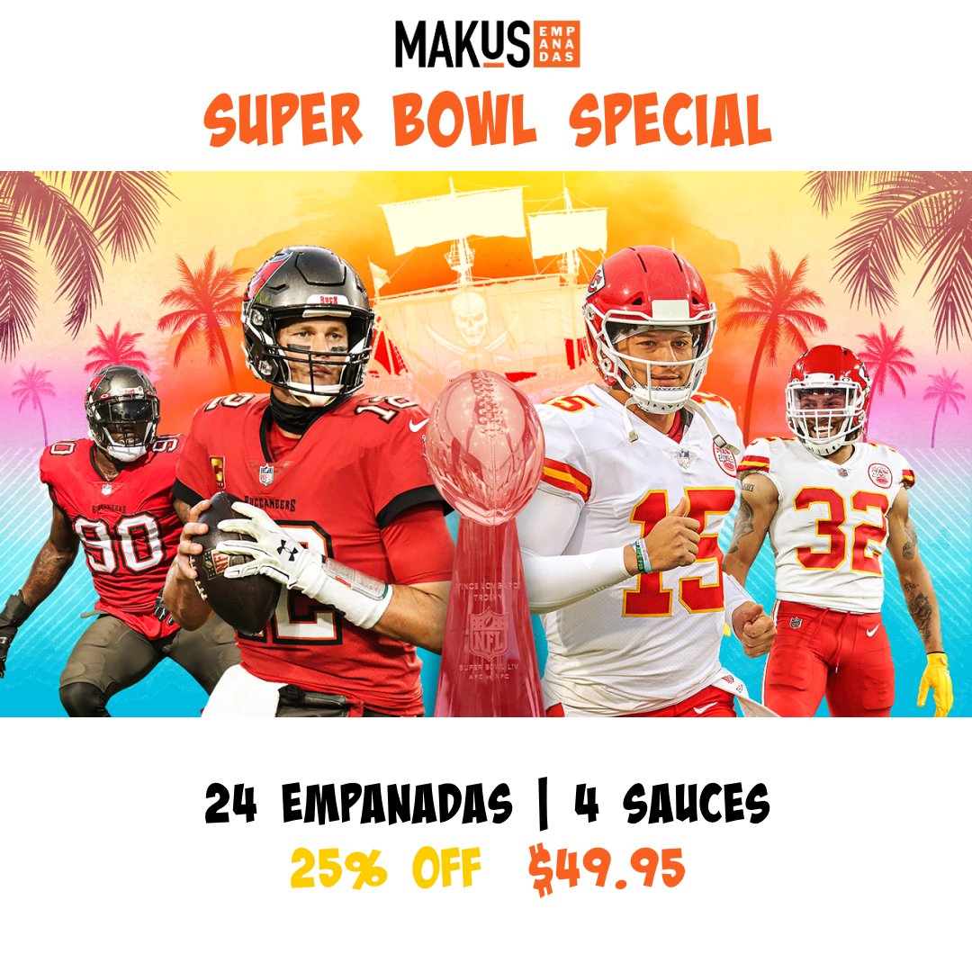 SUPER BOWL SAVINGS!!
This Sunday watch the Super Bowl with friends, family &amp; empanadas!
24 empanadas + 4 sauces 25% - only $49.95
Order now at makusempanadas.com and pick up tomorrow or Sunday. Delivery available. 
Enjoy the game!