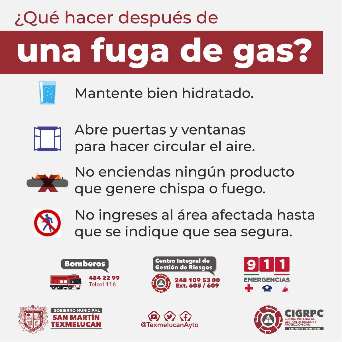 NormaLayon's tweet photo. ¡La prevención salva vidas!

Conoce las acciones preventivas que puedes realizar antes y después de una fuga de gas. Recuerda que actuar a tiempo nos ayuda a evitar accidentes en San Martín Texmelucan. #ProtecciónCivil https://t.co/7JRmZq3AMv