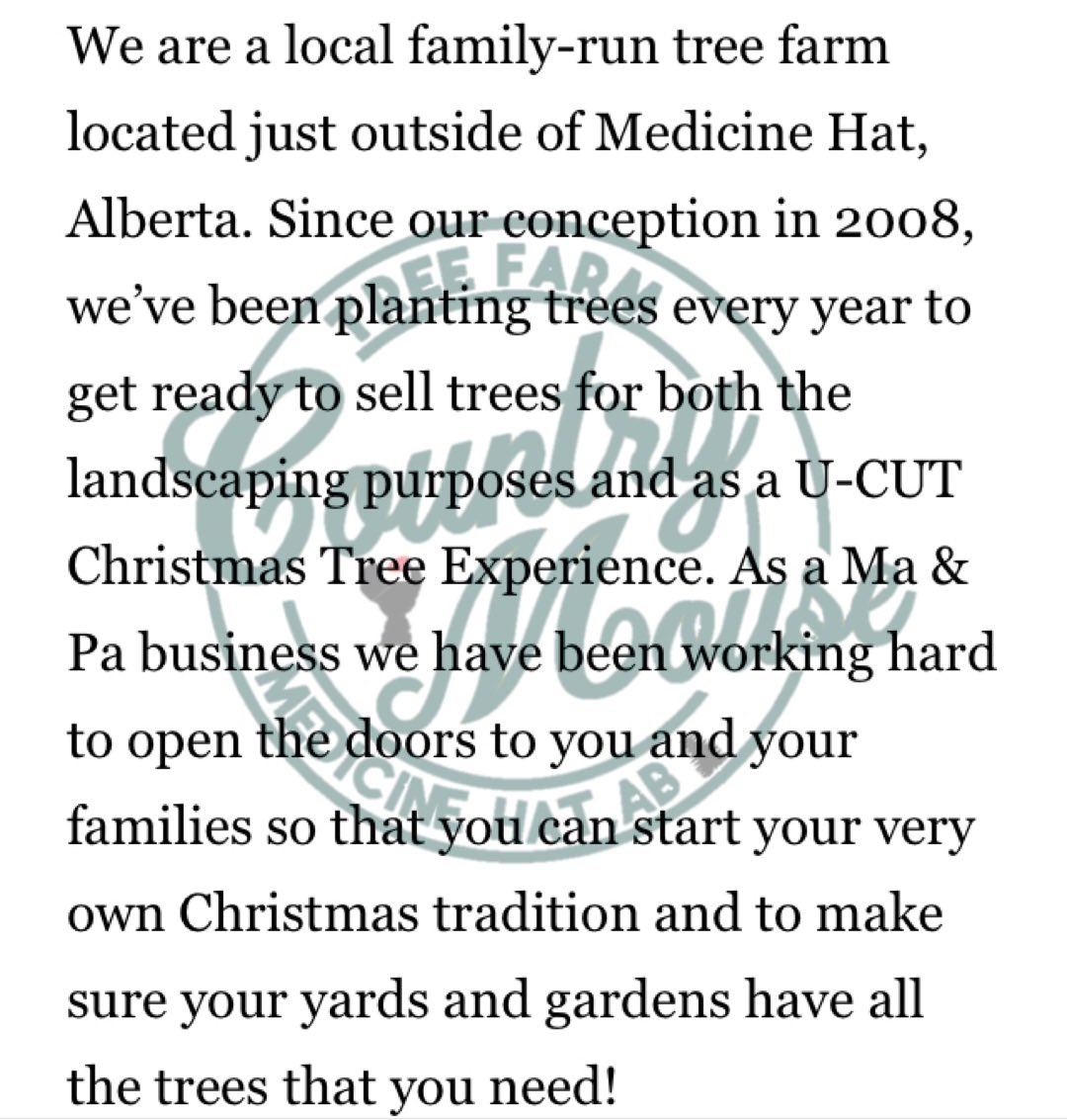 MHTreeFarm's tweet photo. A little bio about us!  Please consider supporting a small local business this year! #treefarm #treesforsale #familyrunbusiness #supportsmallbusiness #supportlocalbusiness #shoplocal #medicinehat https://t.co/AOS3jtprY1
