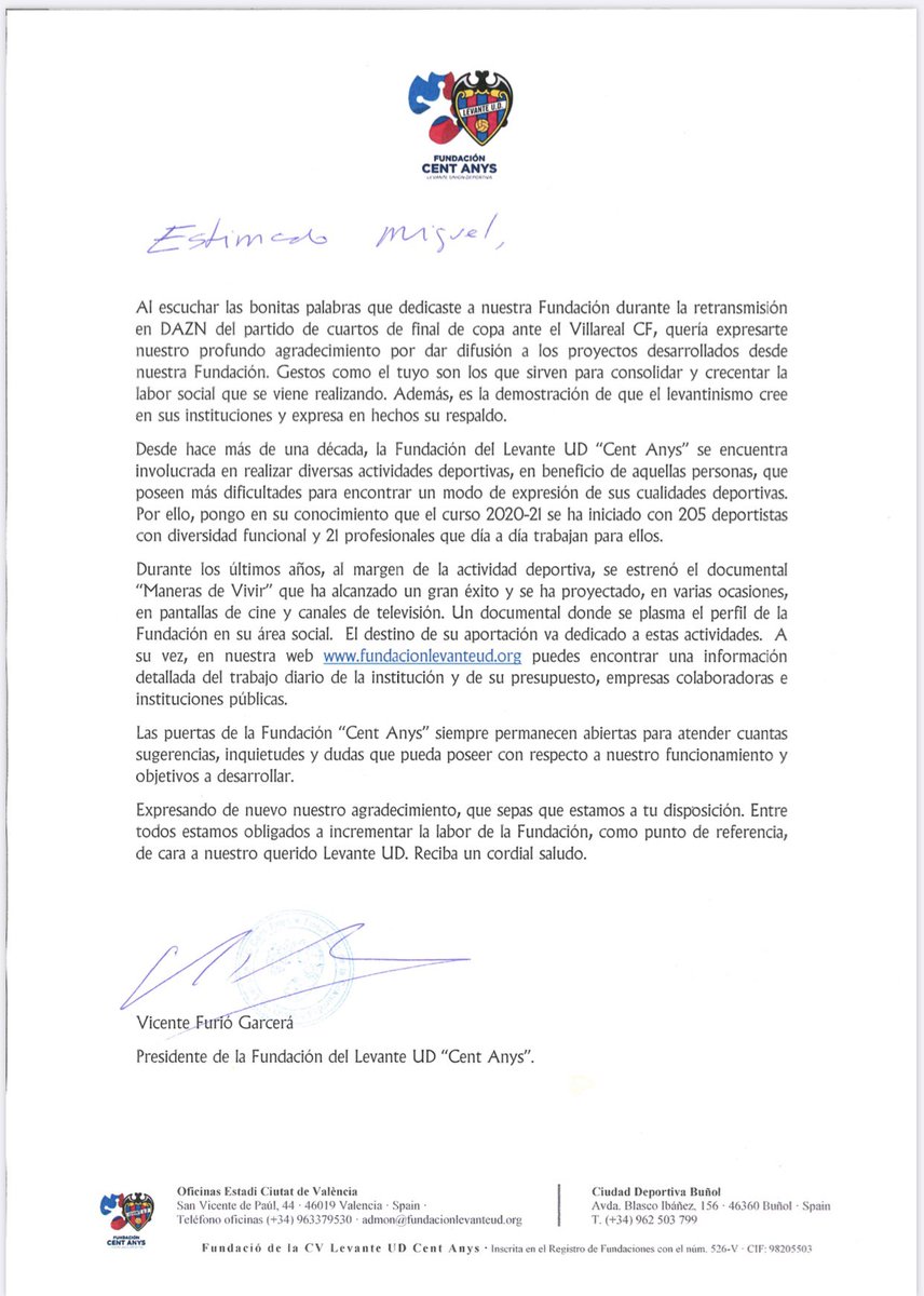 miguelitoperez8's tweet photo. Ayer recibí esta carta de @LUDfundacion .Me gustaría dar las gracias a su presidente por este gesto. A @HerreroGomez por abrirme las puertas del Levante EDI, y dejarme #DibujarSonrisas. A @Jimmycdp por su dedicación y amistad. Y a todas las personas que formáis esta gran familia. https://t.co/BS1gbMHKsN