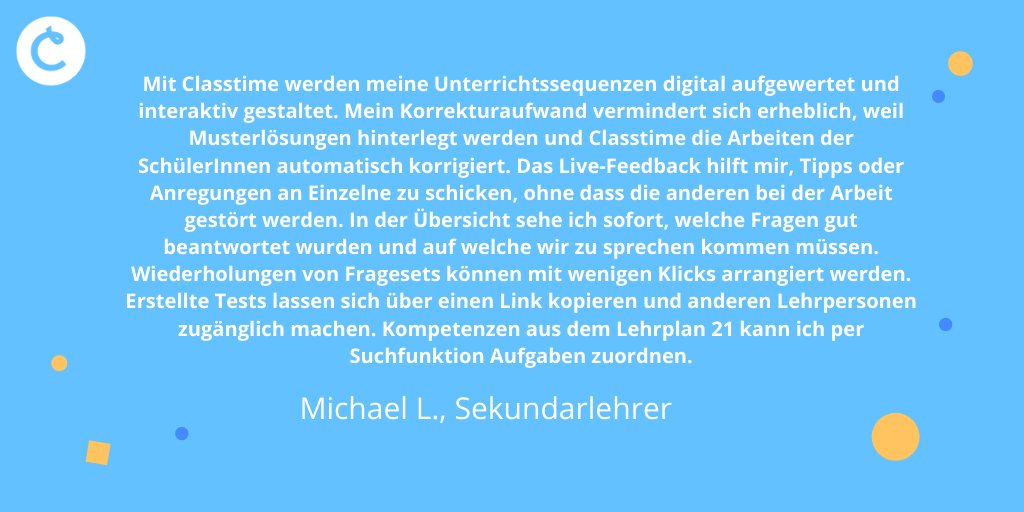 Wir freuen uns immer sehr über so tolle Feedbacks unserer User!
Wenn auch du uns deine Meinung und Erfahrungen mitteilen möchtest, kannst du gerne hier bit.ly/3kQq5Pm eine Rückmeldung schreiben oder uns direkt kontaktieren.
#Classtime #DigitaleBildung #edtech #education