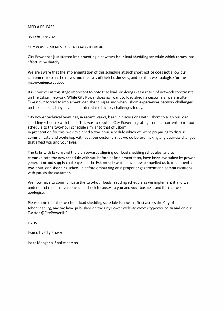 Citypowerjhb On Twitter Joburgupdates Mediarelease Loadshedding City Power Has Just Started Implementing A New Two Hour Load Shedding Schedule Which Comes Into Effect Immediately Gr Https T Co Zkjdzn8psa