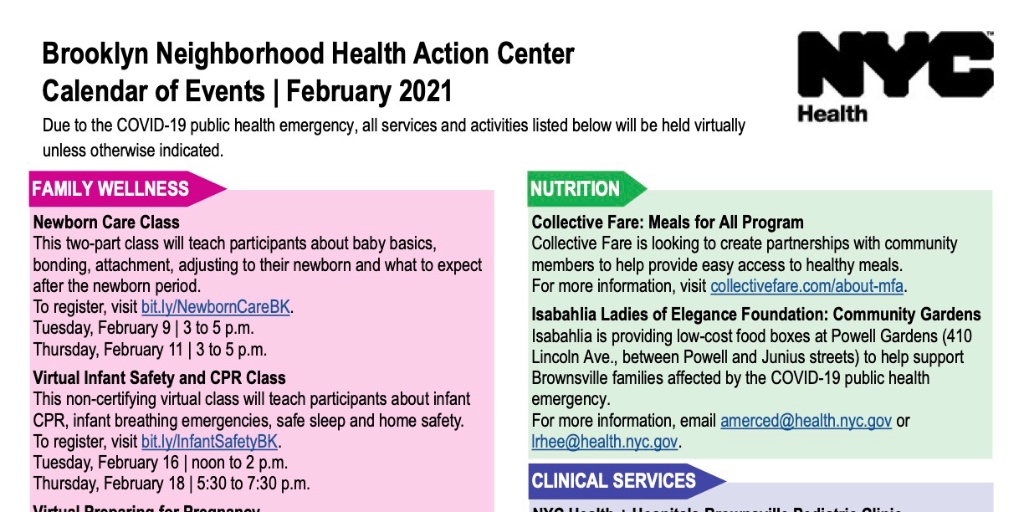 Looking to stay warm ❄️ and participate in some wellness activities?  Check these out www1.nyc.gov/site/doh/healt…!

#mutualaid #brownsville #oceanhillbrownsville #eastnewyork #cypresshill #solidarityforever #brooklyn #solidaritynotcharity #selfcare #virtualwellness