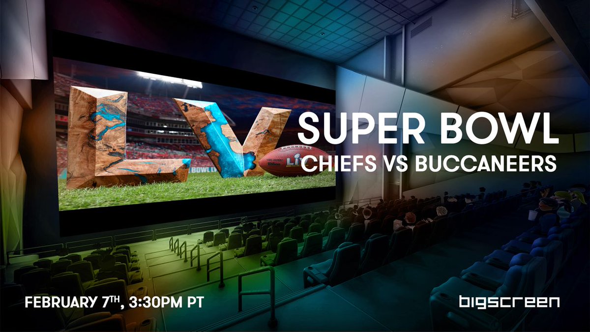 BigscreenVR's tweet photo. BIG NEWS: come watch the free CBS Sports #SuperBowl livestream in @BigscreenVR this Sunday, February 7th, at 3:30PM PT (6:30PM ET)! Hangout with friends and watch the Kansas City Chiefs play against the Tampa Bay Buccaneers! https://t.co/tZPMIxP0p8