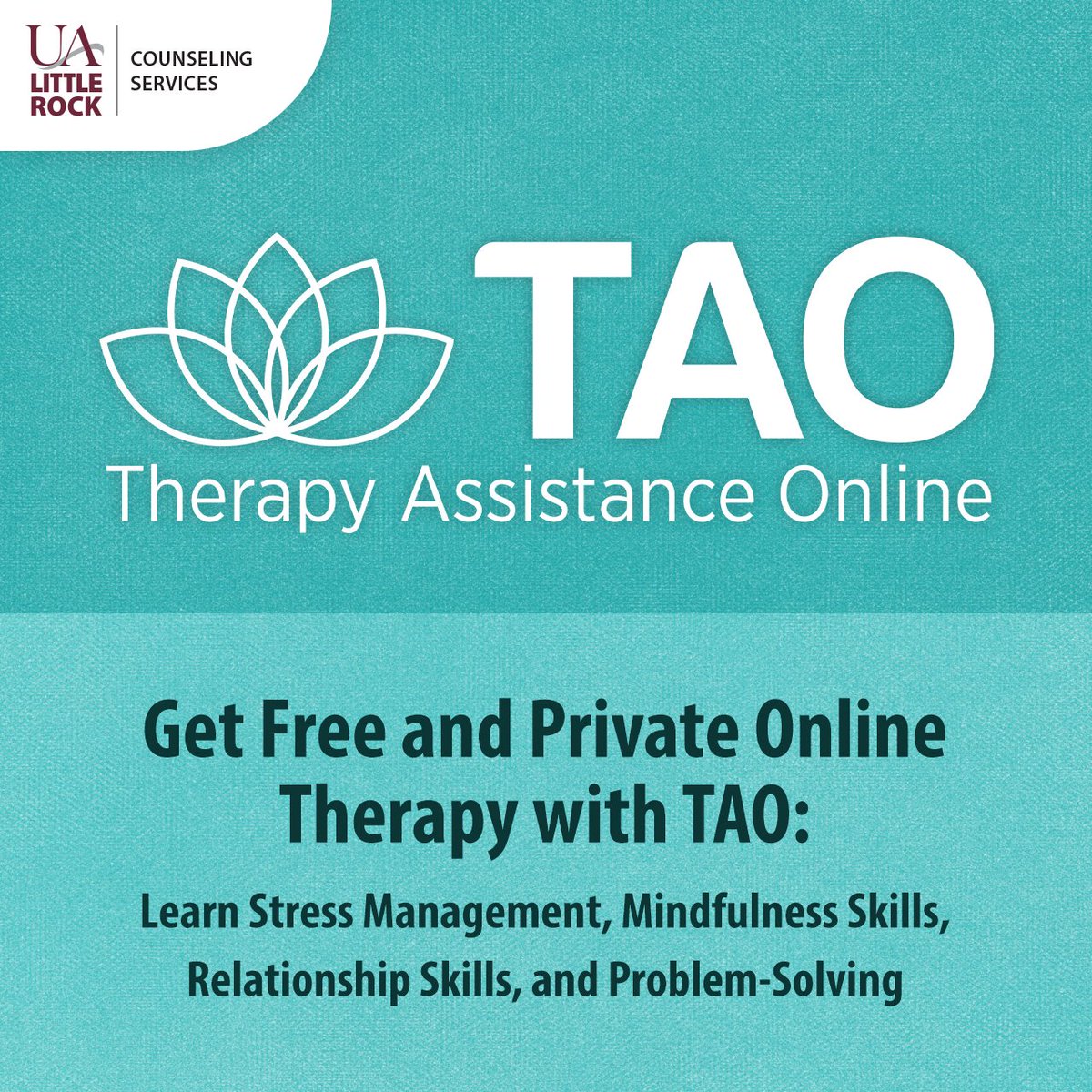 UALR's tweet image. Counseling Services is now offering a new, free, online tool to help you with the day-to-day struggles. 
Get help anytime, anywhere.

Learn more and register: ualr.edu/counseling/tao/