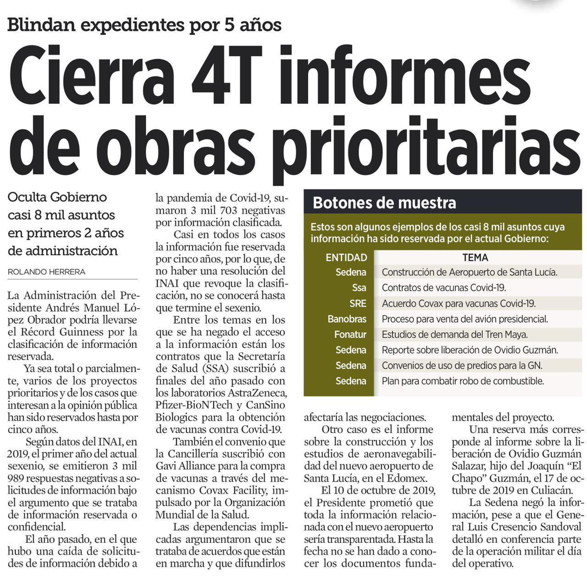 DeniseDresserG's tweet photo. No es porque sea caro, ineficaz, tapadera o simulación. Aquí razón por la cual @lopezobrador_ quiere desmantelar al @INAImexico que obliga al gobierno a transparentar información. Y el suyo muestra una preocupante propensión a reservarla/ocultarla (vacunas/obras/Ovidio)
#Cierra4T https://t.co/fNIfGGgpaA