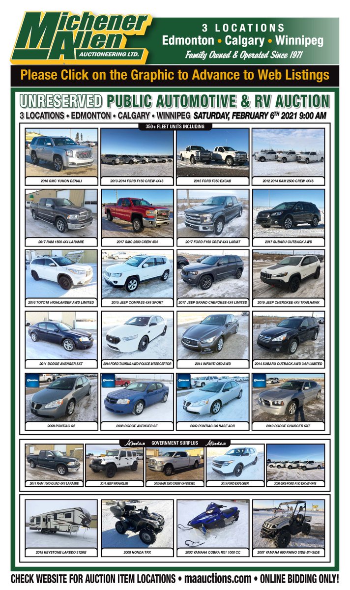 maauctionscom's tweet photo. Its Auction week! Day 3 is Saturday February 6th 9:00 AM. Unreserved Live Simulcast Automotive-RV Auction with 375+ Pick Ups, SUV's, Cars, Vans and RVs. all sold to the highest internet bidder! Auction Registration &amp; Info @ https://t.co/3TN3kBGavN https://t.co/Cq0ZiODVs2