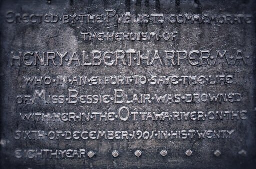 The statue, unveiled in 1905 with the Governor General Earl Grey & a young Mackenzie King in attendance, commentates the bravery of Henry Albert Harper, who died attempting to save Ms. Bessie Blair in a terrible tragedy.