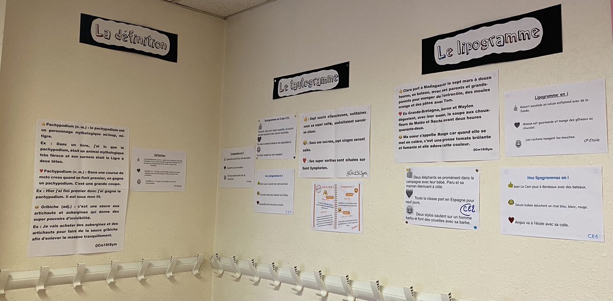 Nous aussi nous avons notre mur @tw_oulipo ! Toute l’école, du CP au CM2 @Cm1StSym, a participé au projet ! Une belle émulation entre les classes ! Un beau partage et de belles réflexions #didactiques et #pédagogiques entre collègues #TravailDÉquipe ! Merci 🙏