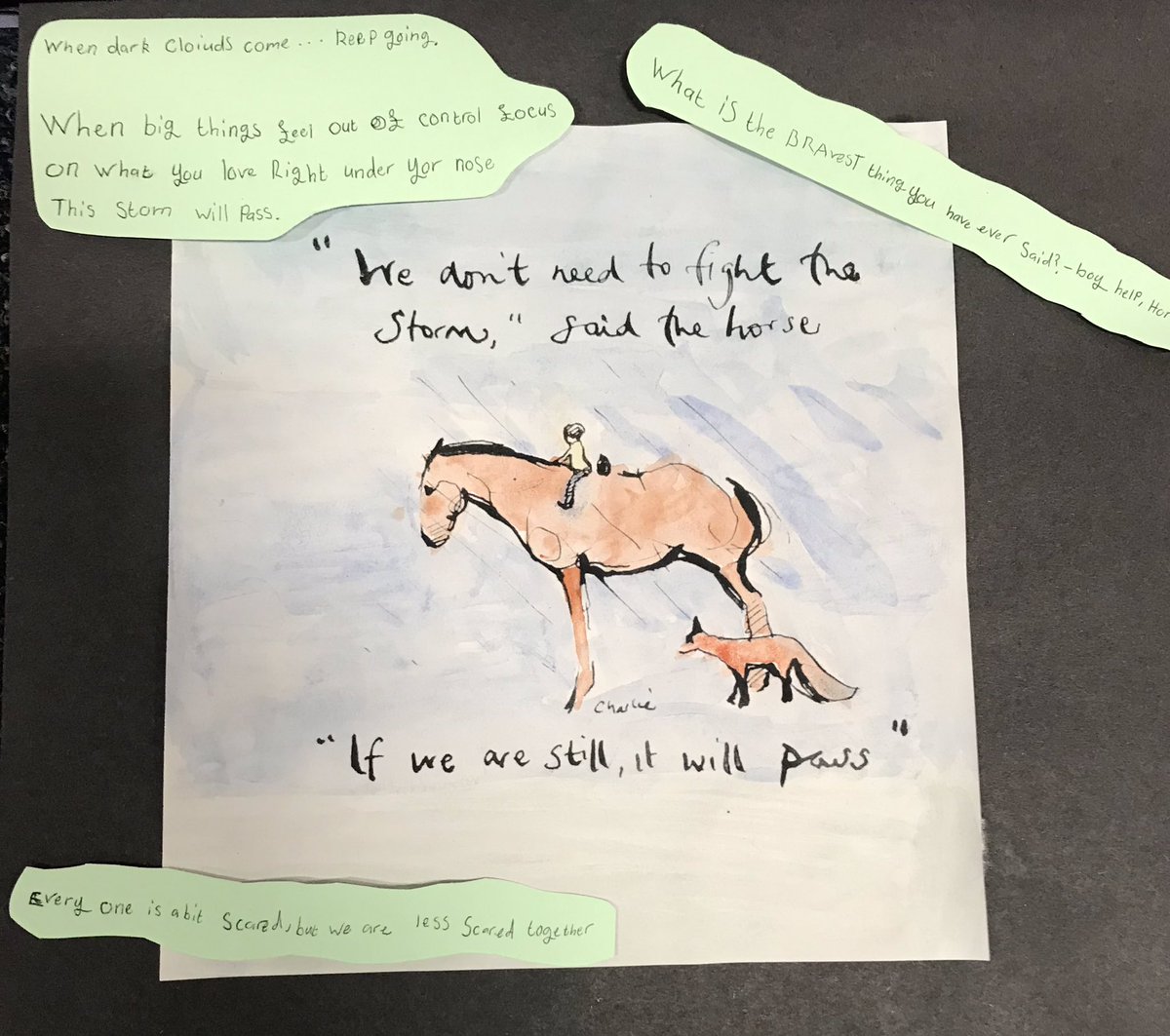 IC_Walnut's tweet photo. Our keyworker bubble has been reading ‘The boy, the mole, the fox and the horse’ this week by @charliemackesy. Today we picked our favourite quotes and created watercolour versions of his illustrations. ❤️ https://t.co/Lrdg13rYCX