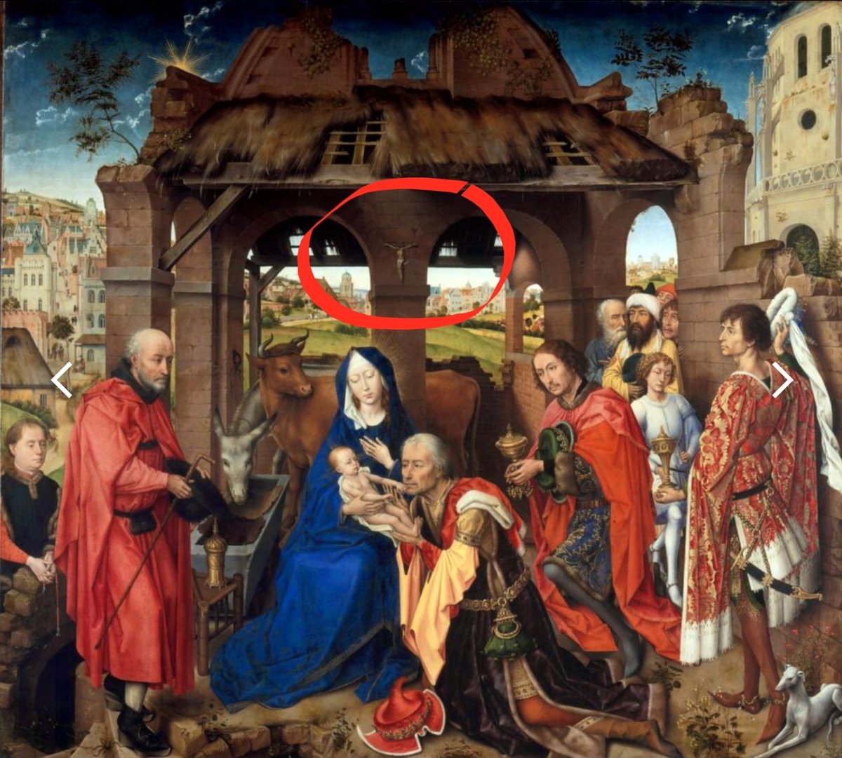 Cuando acabas de nacer y ya te hacen el spoiler de tu final... 
 "El Tríptico del altar de Santa Columba" de  Rogier van der Weyden, 1455