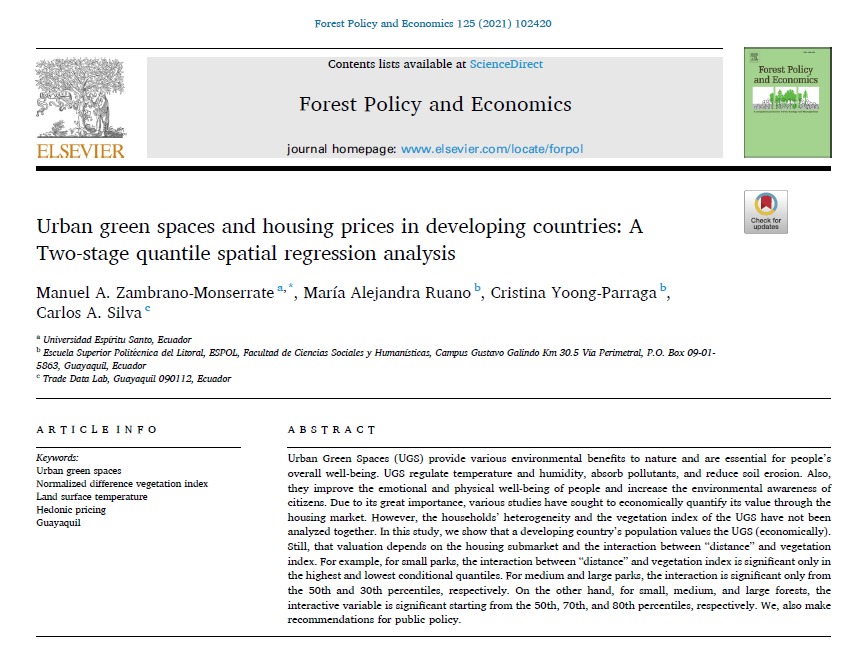 MaryAleRuano's tweet image. #NewPaper donde analizamos el efecto que tienen los espacios verdes urbanos (como parques y bosques) sobre el mercado de viviendas en Guayaquil, Ecuador. Link: sciencedirect.com/science/articl…
@DEC_INV_ESPOL @CarlosMonsalveA @FCSHEspol  @uees_ec @EconomiaUEES @TradeLabEC @Ambiente_Ec