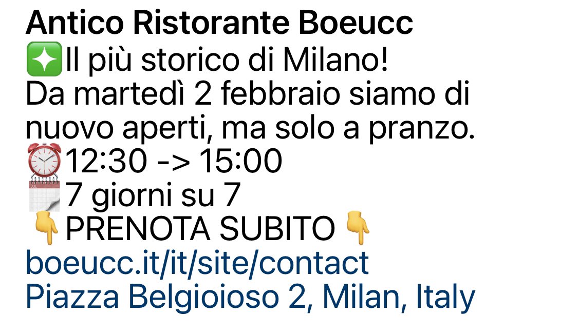 BoeuccMilano's tweet photo. Da sabato 6 febbraio Boeucc sarà aperto a pranzo anche nelle giornate di sabato e domenica🎉

PRENOTA ORA 👉 https://t.co/IGz98jZRdJ 

#boeuccmilano #reataurant #milan #weekend #open #igersmilano https://t.co/BhUX8CgrVc