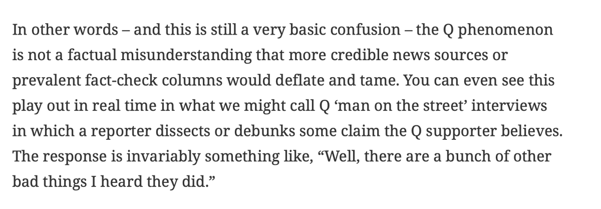 1/  @joshtpm hits on something here that's been tickling my brain for a while about Qanon and what people 'believe.' His conclusion (likely correct I think) is that it's a mistake to think of Q as a group of conspiracy theories that people think are necessarily factual.