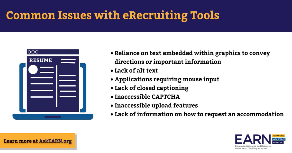 AskEARN's tweet photo. Accessibility is key when recruiting potential employees with disabilities online. Learn about some of the common challenges of eRecruitment tools, along with other researched-backed tips, in our new online resource. #DisabilityRecruitment https://t.co/ayDB27y7dG https://t.co/24HMxaSRhC