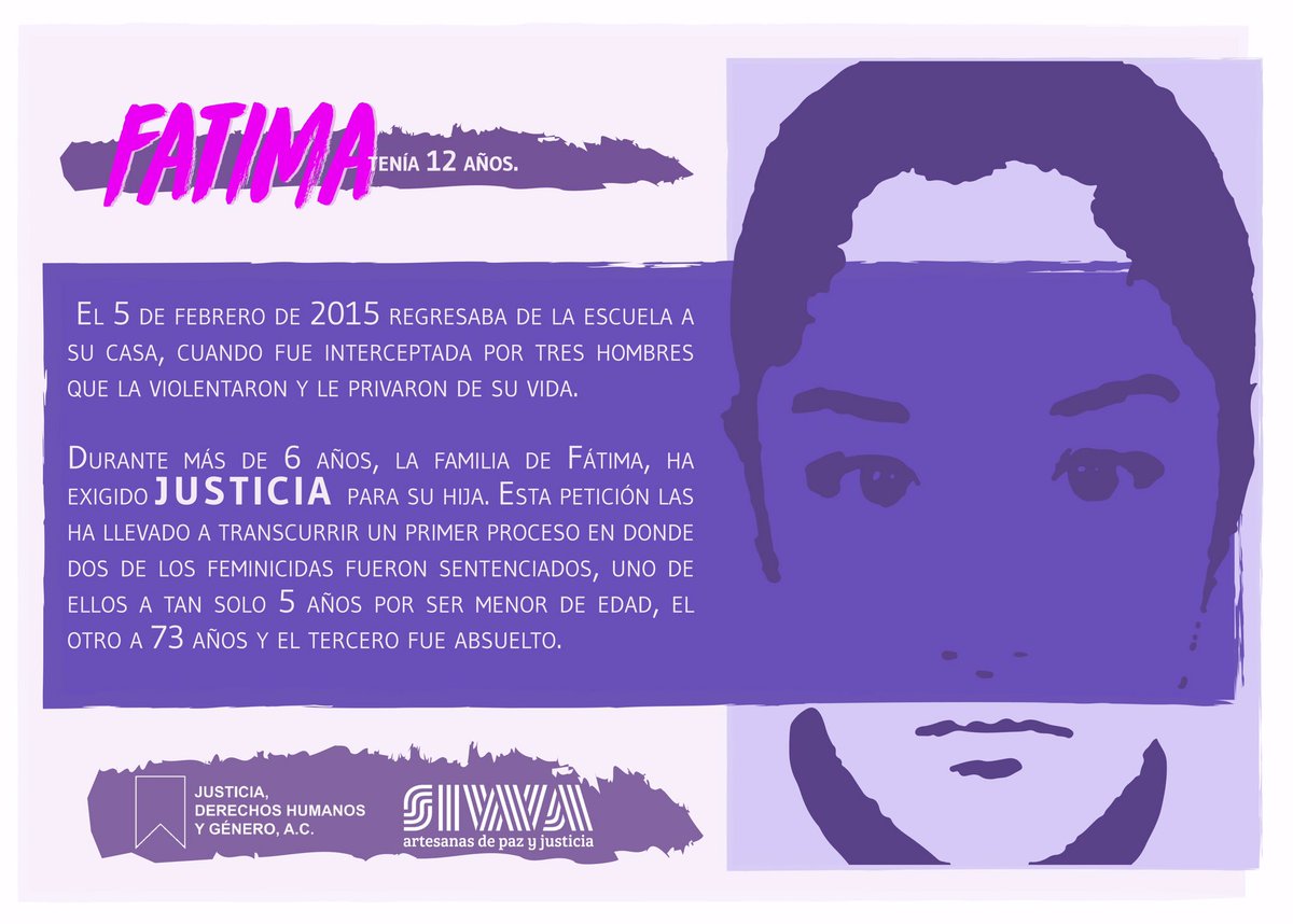 siwapaz's tweet photo. 5 de Febrero del 2015 regresaba de la escuela a su casa, cuando fue interceptada por tres hombres que la violentaron y le privaron de su vida. 
#AñosDeImpunidad 
#NiUnaMenos
#JusticiaParaFatima @OCNF @ut_ximena @DhJusticia https://t.co/aVmSoP1huU