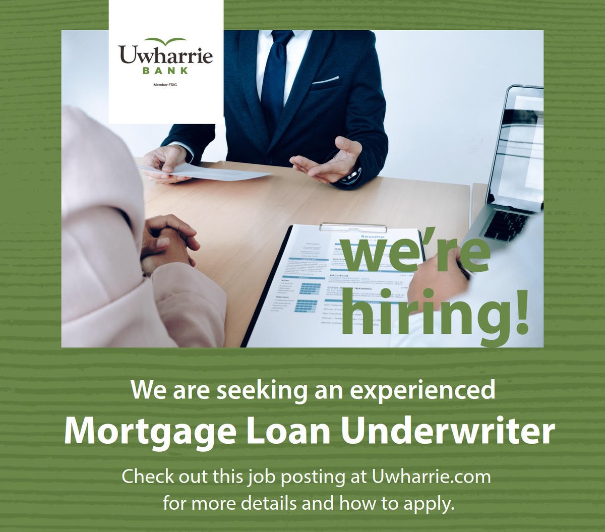 We're hiring!! Visit Uwharrie.com for more details. 
#uwharriebank #makingadifference #communitybank #werehiring