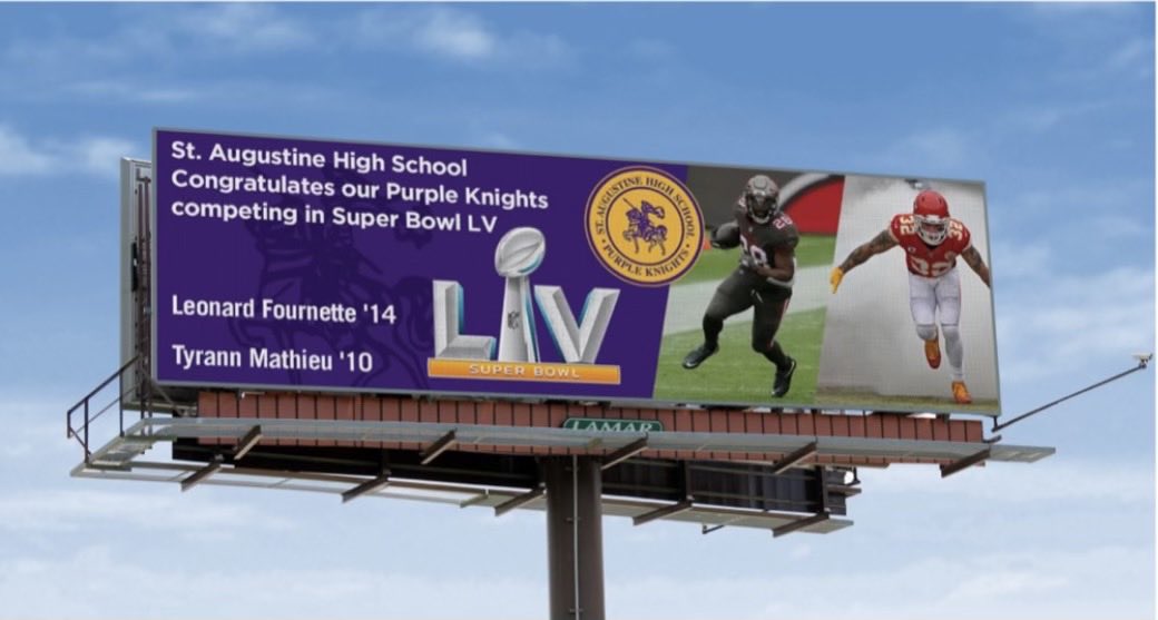 RodWalkerNola's tweet photo. Leonard Fournette and Tyrann Mathieu Super Bowl billboard in New Orleans. ⁦@StAugnola⁩ grads https://t.co/SuLotzZ8R7