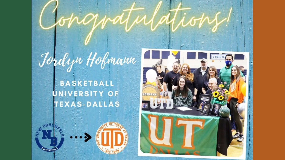 NewBraunfelsISD's tweet photo. 🏀 We would like to congratulate NBHS basketball player Jordyn Hofmann on signing to play for the University of Texas-Dallas! Way to go, Jordyn! 🏀#NationalSigningDay 
👉 https://t.co/CrQJYWHQZ6 https://t.co/bOTvYvKTCX