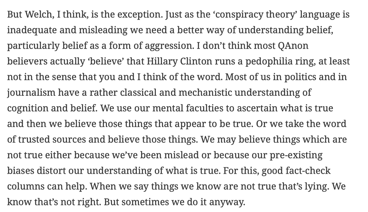 2/ Marshall's reframing of Q explains why, if people really believed these things, wouldn't they be storming their Democrat neighbors homes at this very moment guns blazing? (The Welch below is Edgar, the gunman who want after Comet Pizza five years ago.)