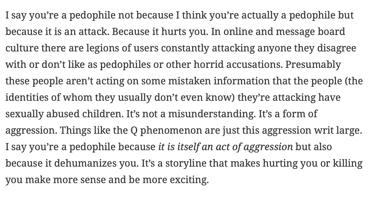 3/ Rather, it's better to start thinking of Qanon as the violent wing of a revanchist party, and the 'conspiracy theories' merely as a way to juice members up. For most, it's not about belief in Q - it's about motivation to take action they were inclined to take anyway.
