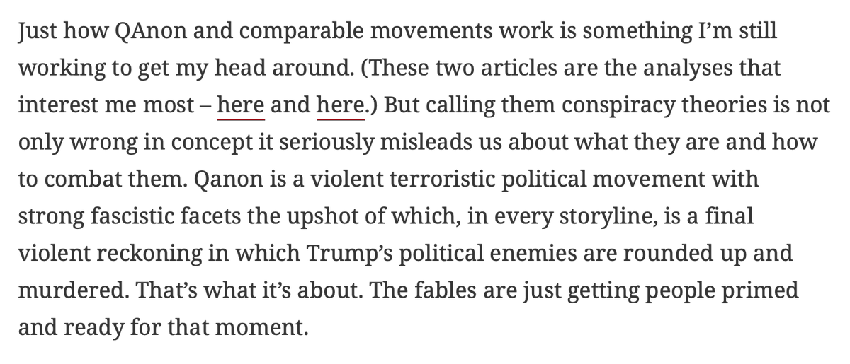 3/ Rather, it's better to start thinking of Qanon as the violent wing of a revanchist party, and the 'conspiracy theories' merely as a way to juice members up. For most, it's not about belief in Q - it's about motivation to take action they were inclined to take anyway.