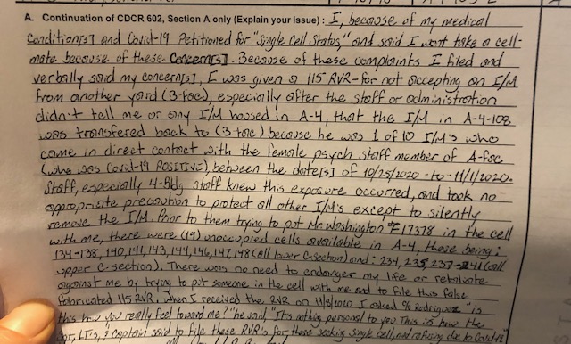 Then in November they tried to put another guy in his cell instead - and this one he was worried might have been exposed to COVID by an infected staff member where he’d been housed