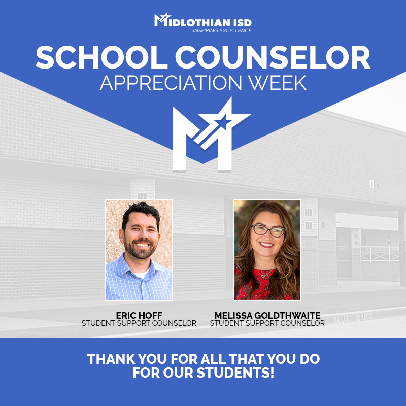 MidlothianISD's tweet photo. Eric Hoff builds relationships with our students to show them that he cares for them and will also help them navigate whatever life throws their way. Melissa Goldthwaite serves our elementary campuses to meet the needs of our students and help them succeed! #MISDProud #NSCW21 https://t.co/G2Uq3DVayk