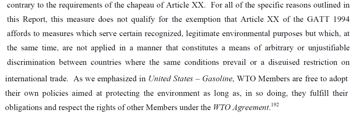 So, why can't your paper just propose to add an environmental exception to the GATT? Because we already have it de facto. Since the 1998 Appellate Body report in US - Shrimp, it is clear that Members are allowed to adopt environmental measures with extraterritorial impact. 3/