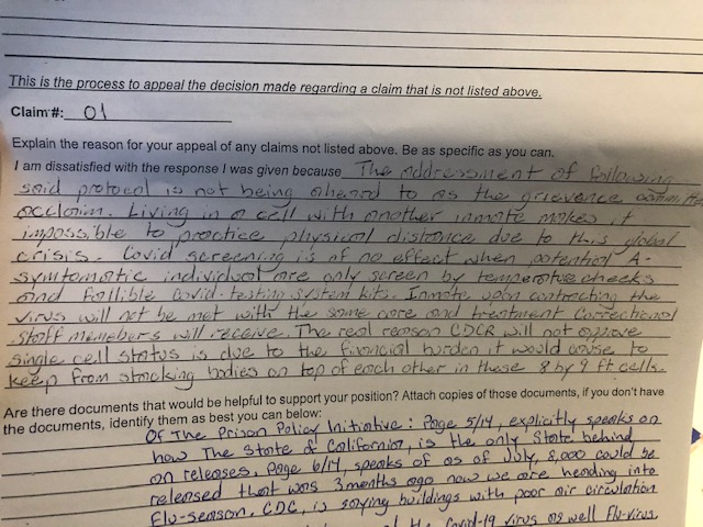 “Living in a cell with another inmate makes it impossible to practice physical distance... the real reason CDCR will not approve single cell status is due to the financial burden it would cause to keep from stacking bodies on top of each other.”