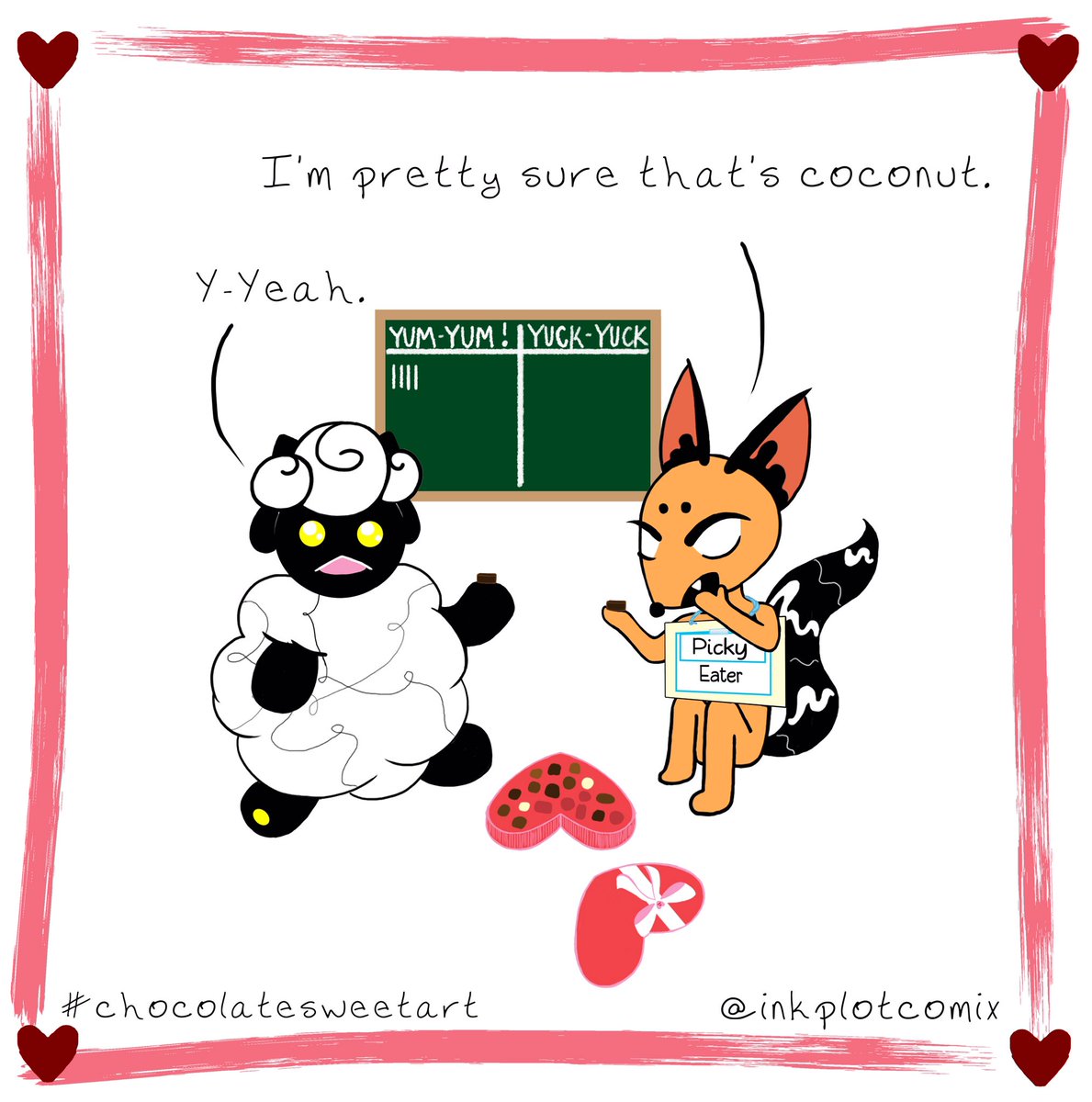 inkplotcomix's tweet photo. #Coconut is one of Sketchโs least favorite flavors, but sheโs a true MVP. She will sooner eat the whole thing than look rude. Will you keep eating food even if it tastes bad? #chocolatesweetart #gross #assortedchocolates #promptlist #drawingchallenge #prompts #webcomics #webtoons https://t.co/UC7DX8rHZa