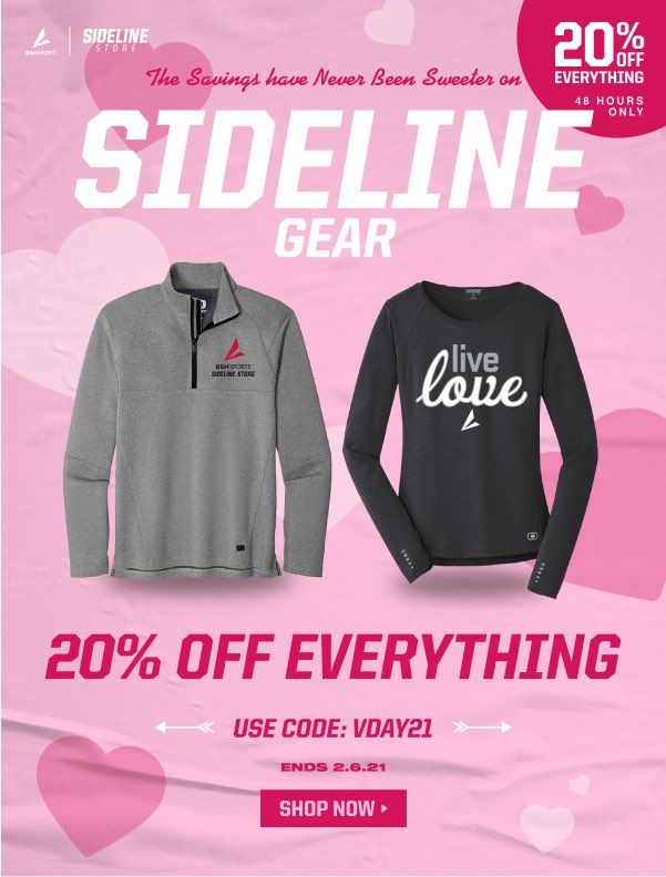 Be our valentine ? 💕
Sweet savings on Sideline apparel today &amp; tomorrow! 20% off EVERYTHING! 
#BSNSPORTS #SidelineStore #SpiritWear #FanWear #valentine