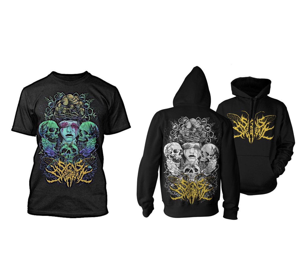 signsoftheswarm's tweet image. “THE COLLECTION” Official Merchandise is available now via @IndieMerchstore and Rising Merch!!
The skulls are etched with “KK” (Kublai Khan) and “MS” (Molotov Solution) to honor the features from this track!
These items are extremely limited, so hit the link in our bio NOW!!