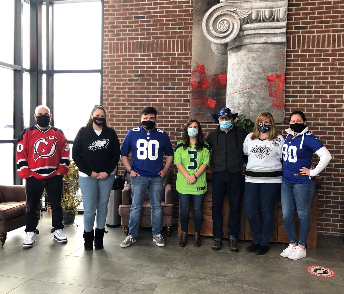 REDCOMLLC's tweet photo. Our team is celebrating the Super Bowl early by "sporting" their favorite jerseys! Roberto Martinez, Vice President of Architecture, wanted to make sure you all saw his smile, even with his mask on! ๐
#NJConstruction #NJArchitecture #NJEngineering #SuperBowl #SuperBowlSunday https://t.co/E5VxPNPwnH