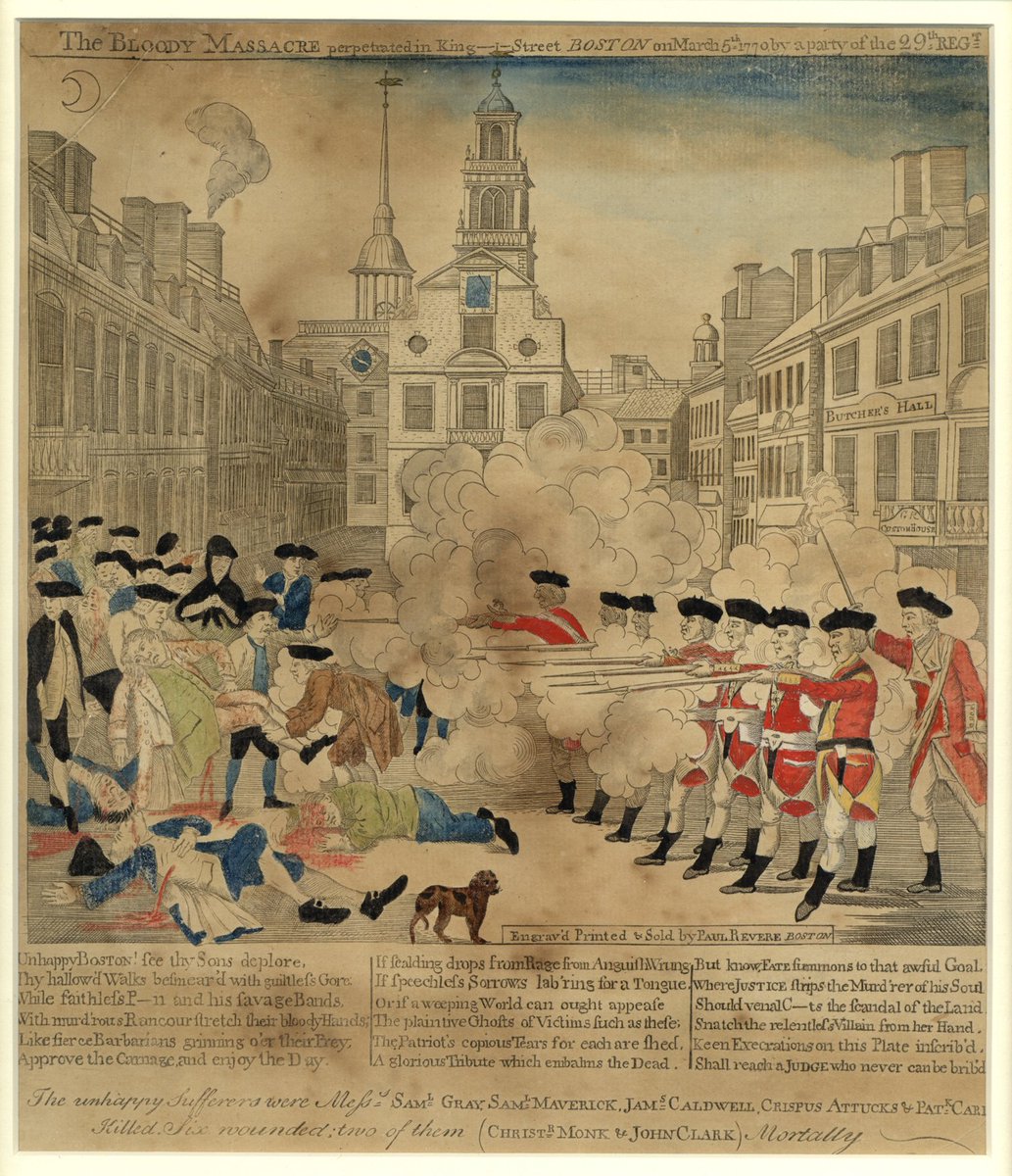 Lawrence shifts the perspective. Crispus Attucks, a Black man who was the first casualty of the revolution, is wedged into the left corner of Revere's 1770 print. Lawrence walks us over to the side and lowers us to face him. History hasn't changed--only the vantage point.