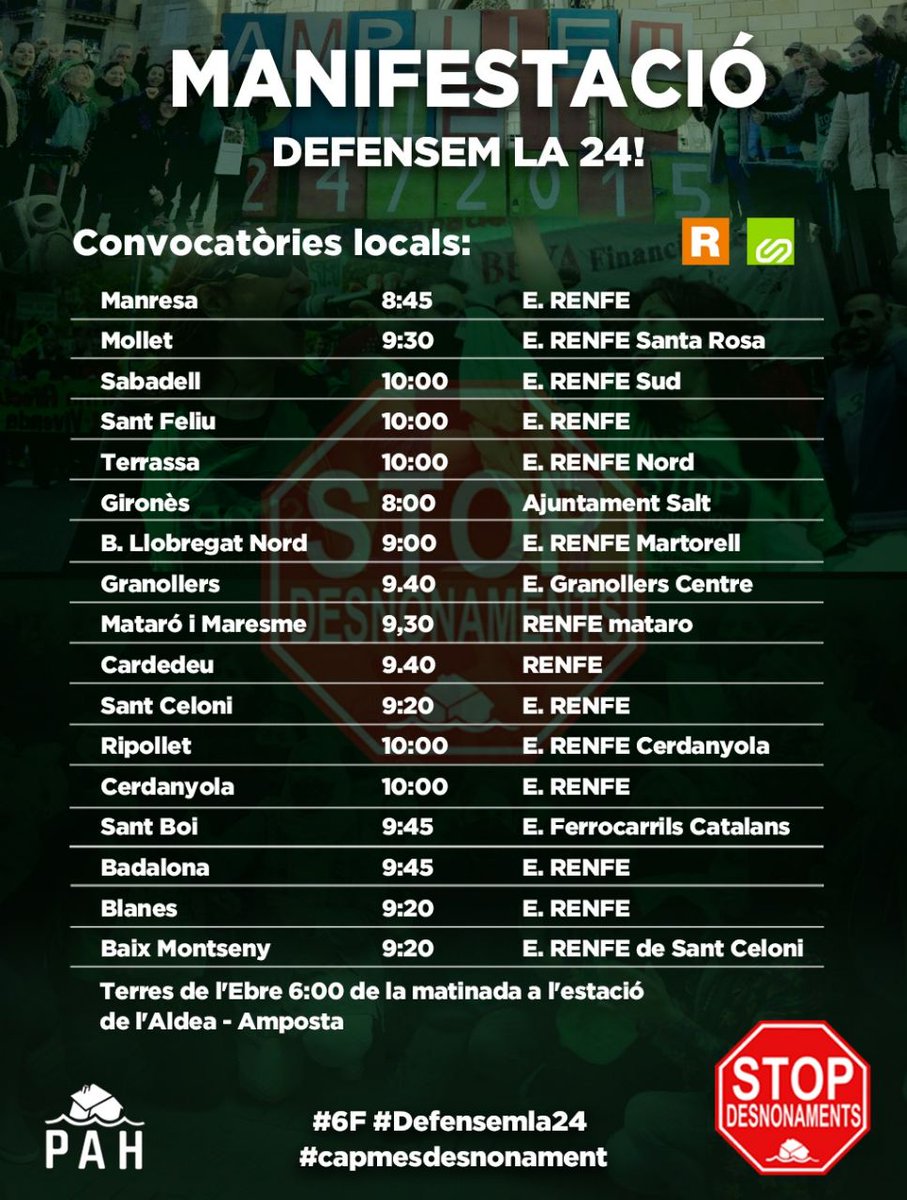 Aquestes són totes les convocatòries locals per baixar demà a Barcelona!
Demà la bona gent es trobarà a Arc del Triomf, per defensar-se dels atacs, de fans de la propietat privada, rentistes i especuladors!
#DefensemLa24