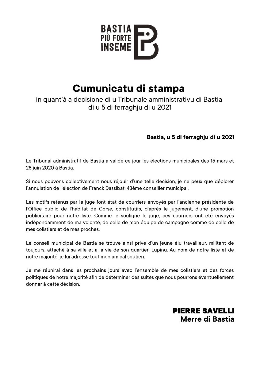 🗞 Le Tribunal administratif valide les élections municipales des 15 mars et 28 juin 2020 à #Bastia. 
Mon communiqué ⤵️