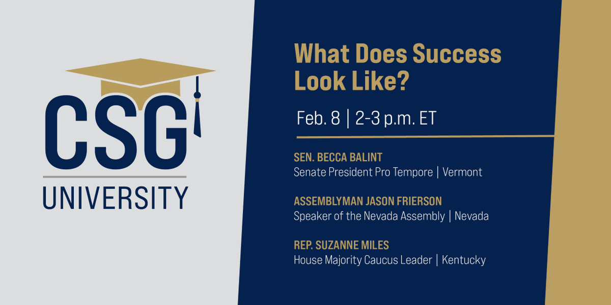 CSGovts's tweet photo. #CSGUniversity 4 part series to help new state legislators jump-start their service.  Session 1 features #VTleg's @BeccaBalintVT, #NVleg's @JasonFrierson &amp; #KYleg's @MilesForKY  

Free registration for state officials: https://t.co/Q7cnbEGRb0 

#CSGResource #StatesLead https://t.co/BLMjjq1mgs