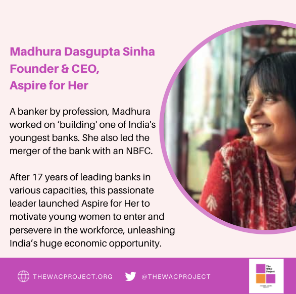 TheWACproject's tweet photo. We are excited to introduce our next panelist, Madhura DasGupta Sinha,Founder&amp;CEO of @her_aspire - a non-profit to motivate young women to enter and persevere in the workforce
#GIChampions2020 is an effort to bring stories of inclusion to the forefront
#inclusion #diversity #PoSH https://t.co/55glGltFBT