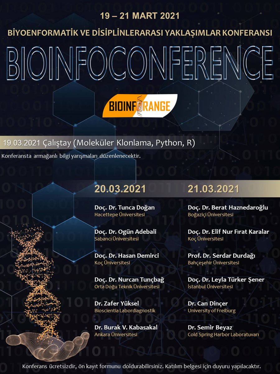 19-21 Mart 2021 tarihleri arasında değerli akademisyenlerin katılımı ile gerçekleştireceğimiz #Bioinfoconference - Biyoenformatik ve Disiplinlerarası Yaklaşımlar Konferansı için kayıtlar başlamıştır. Konferansımız online ve ücretsizdir. #bilimlekalalım bioinforange.com/bioinfoconfere…