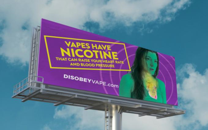 (9) Found on social media. These organizations use images of children, puppets and cartoon characters vaping. They inform teens "all your friends are doing it" and "they come in yummy flavors." Next example:  http://DisobeyVape.com 