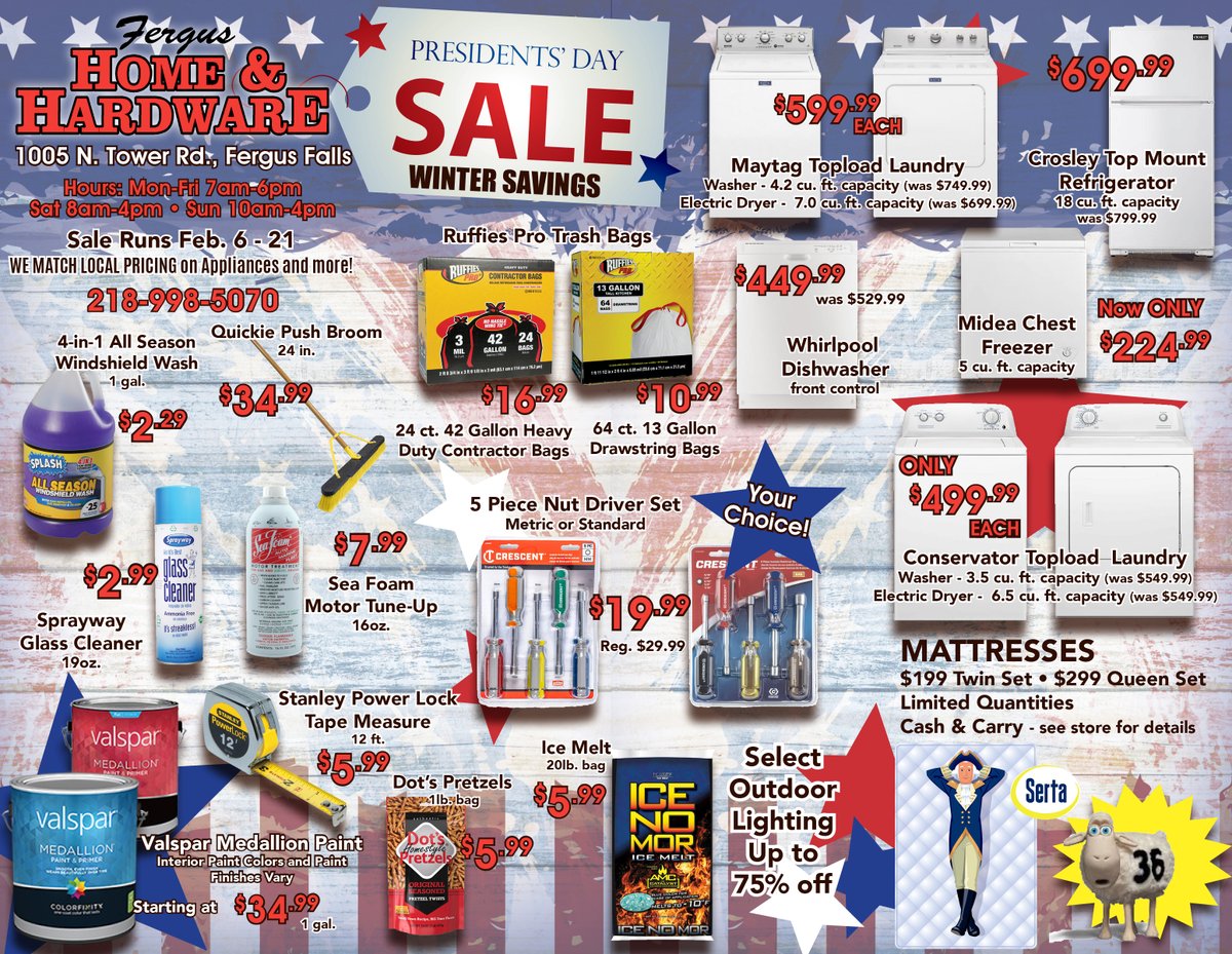 HomeFergus's tweet image. Presidents' Day Sale starting Feb. 6 and going through the 21st.  We do curbside pick up, walk-in and delivery to qualifying purchases.  Call (218) 998-5070 for more info. @SertaMattresses @AshleyFurniture @UnitedHardware