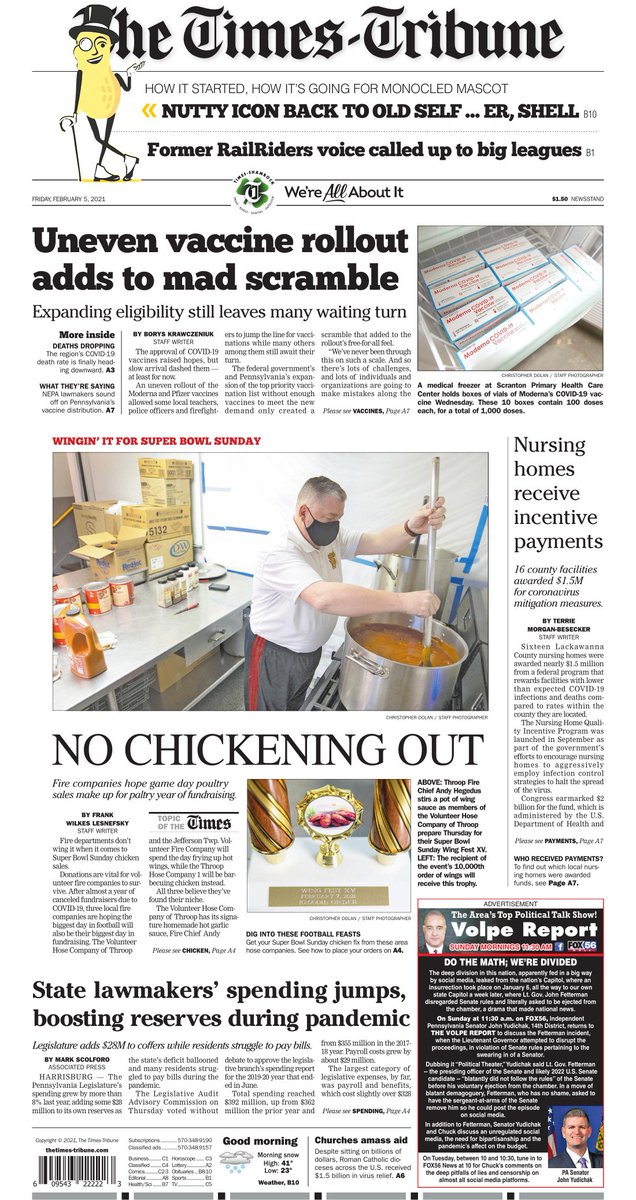 On today's <a href="/timestribune/">The Times-Tribune</a>: Uneven #COVID19 vaccine rollout adds to scramble by @BorysBlogTT; nursing homes receive payments for virus mitigation measures by <a href="/tmbeseckerTT/">Terrie Besecker</a>; no chickening out for Super Bowl Sunday as hose companies rely on game day fundraisers by <a href="/flesnefskyTT/">Frank Wilkes Lesnefsky</a>.