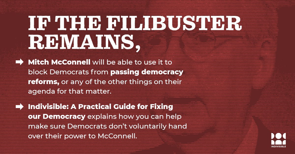IndivisibleTeam's tweet photo. There is no better alternative to eliminating the filibuster, and we’re not the only ones who think so. @BarackObama recently spoke out about the damage the filibuster has done, calling the rule a "Jim Crow relic" whose time had come. We must abolish it: https://t.co/yowsUe46H0 https://t.co/siWi44MIFW
